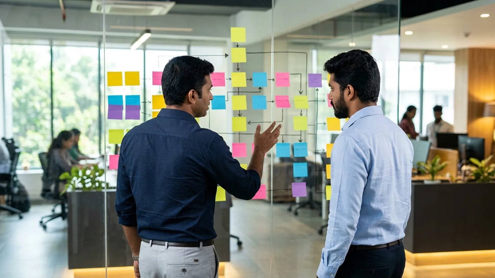 Focline consultants mapping a business process with sticky notes on a glass wall in a Kerala office